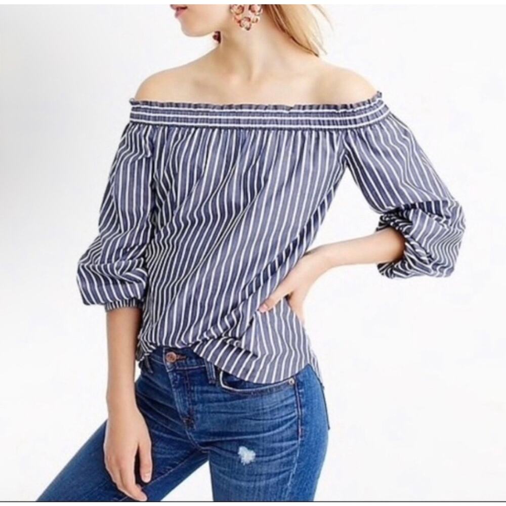 J.Crew Off The Shoulder Navy & White Striped Long Sleeve Poplin Blouse Size 0